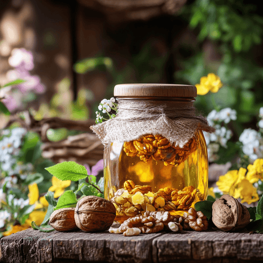 Borcan de sticlă cu miere crudă și nuci, decorat rustic cu pânză de iută, așezat pe o suprafață de lemn, înconjurat de nuci întregi și miez de nucă, cu un fundal natural de flori și verdeață.