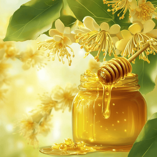 Borcan cu miere de tei aurie, alături de o lingură de lemn din care curge miere, înconjurat de flori delicate de tei în plină înflorire, simbolizând prospețimea și beneficiile naturale ale acestui tip de miere.